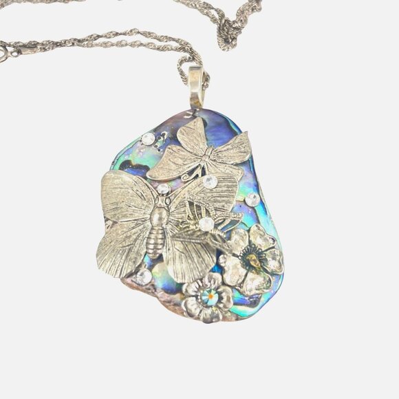 Handcrafted Abalone & Silver Butterfly Pendant Necklace With 925 Chain From Ital - Picture 1 of 7